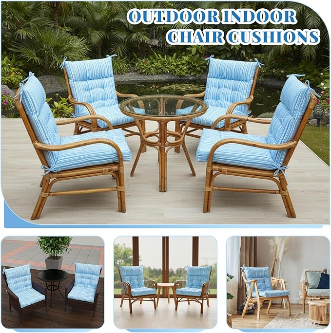 Sintuff 4 Pcs 44 x 21 x 4 Patio Chair Cushions Outdoor Chair Cushion Seat/Back Tufted Pillow with Ties Water Resistant Replacement Indoor Patio Furniture Outdoor Furniture (Stripe,Blue Stripes)