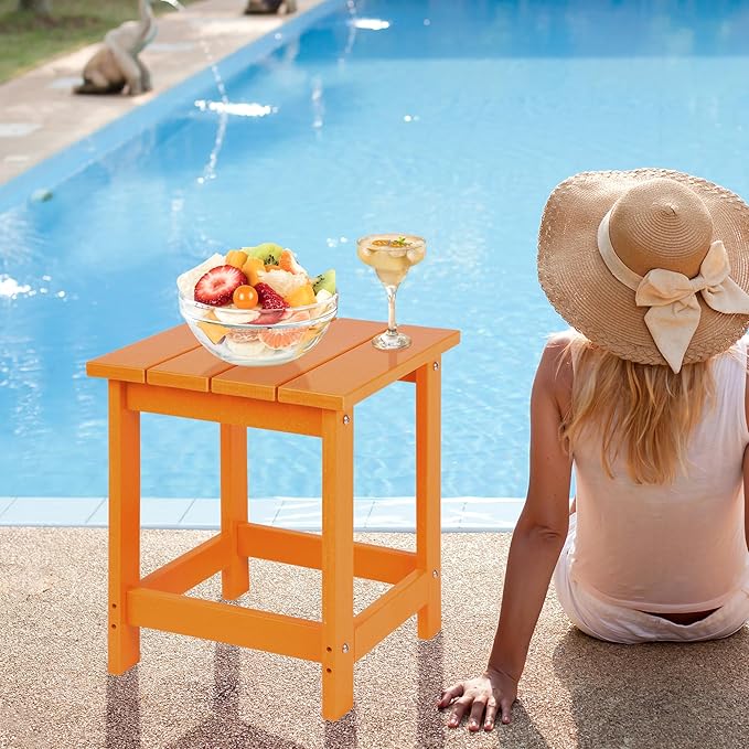 LZRS Square Patio Side Table, Heavy Duty HDPE Outdoor End Table with Wood Texture, Weatherproof Composite Table for Adirondack Chairs, Deck, Pool, Indoor/Outdoor, No Peeling or Cracking(Orange)