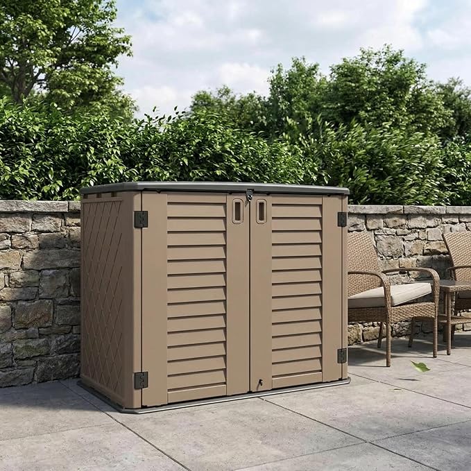 Outdoor Storage Cabinet, 34 Cu. Ft Horizontal Resin Storage Shed for Trash Cans/Garden Tools/Backyard/Pool, Weatherproof & Lockable, No Shelf Included (Brown)