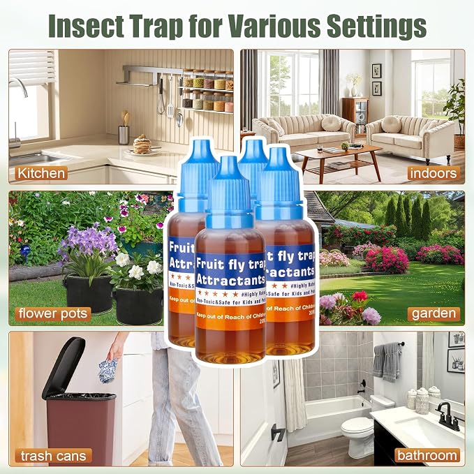Fruit Fly Trap Refill Liquid, Effective Gnat Killer&Fruit Fly Catcher Bait Refill, Long-Lasting Fruit Scented Ants Attractant for Kitchen Bathroom Living Room Use, Safe Near Food (4 Pack)