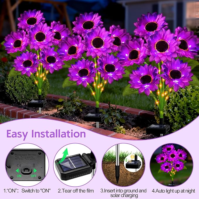 Solar Sunflower Lights Outdoor Garden Decor, 6 Pack Solar Purple Flowers Lights with 18 Sunflowers, Waterproof Fall Decor Stake Decorative Light Auto ON/Off for Garden Yard Patio, Gift for Women
