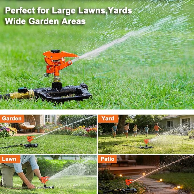 FANHAO Heavy Duty Pulsating Impact Sprinkler for Yard, 360 Degree Rotating Lawn Sprinklers with All Metal Base, Adjustable Large Area Irrigation Sprinkle for Garden, Covers Up to 5,800 Sq. Ft