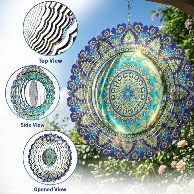 Mandala Wind Spinners Outdoor for Mother's Day, IDEA SHOW Stainless Steel Wind Spinners Outside, 3D Kinetic Hanging Sculpture, Rustproof Metal Garden Decor Ornaments for Yard Art, Women, Men, Holidays