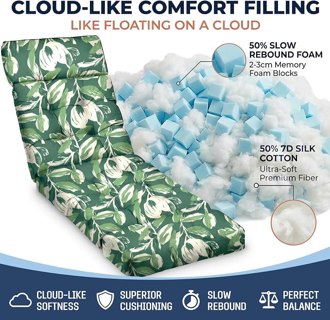 MAGIC ELEPHANT Chaise Lounge Cushion Outdoor, Memory Foam Patio Lounge Chair Cushion with Ties for Outdoor Furniture, 74 x 22 x 4 Inch (Forest Green Tulip)