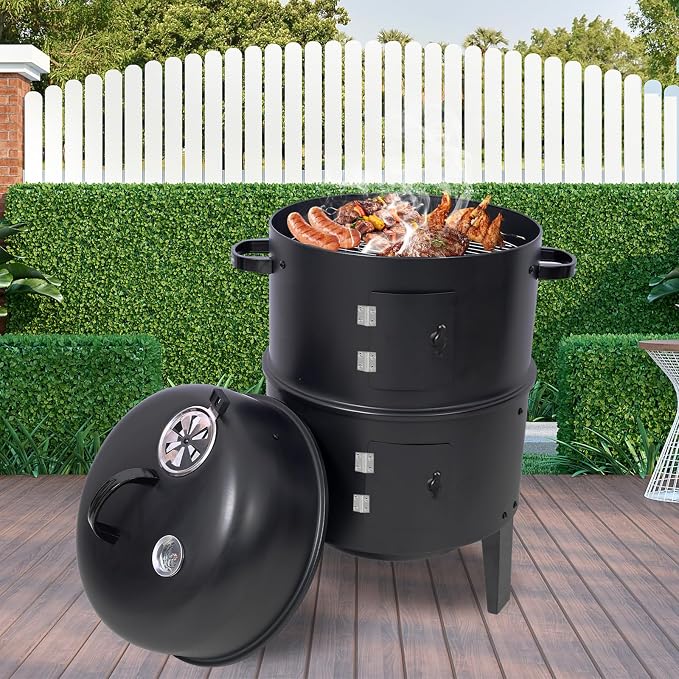 16 inch Vertical Charcoal Smoker, Mini BBQ Grill, Fire Pit, 3-in-1 with Built-in Thermometer, Adjustable Air Vent, Idea for Parties, Backyard, Patio, Camping