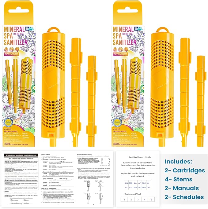 Replacement for Nature2 W20750 Spa Mineral Sticks Hot Tub in-Filter Cartridge Last for 4 Months Universal for Hot Tub Spa Swimming Pool All Spas Flow Rates Up to 1000 Gallons (Yellow 2-Pack)
