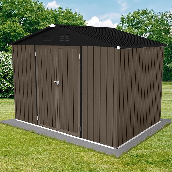 6x8 FT Outdoor Storage Shed,with Hinged Door and Padlock,Pitched Roof Metal Garden Tool Sheds,w/Punched Vents,for Storing Bicycles, Lawnmowers, Barbeques,Garden Tools,Brown + Black