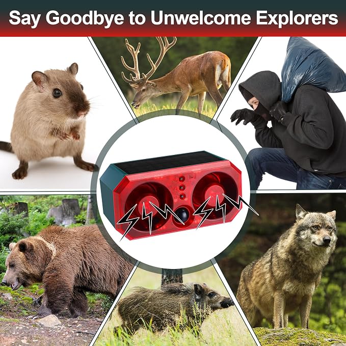 Qualirey 2 Pcs Solar Outdoor Motion Sensor Alarm Motion Sensor Animal Deterrent Dog Barking Alarm 13 Sound 130dB Loud Noise Maker 4 Mode with USB Remote Control Support Recording Volume Adjustment