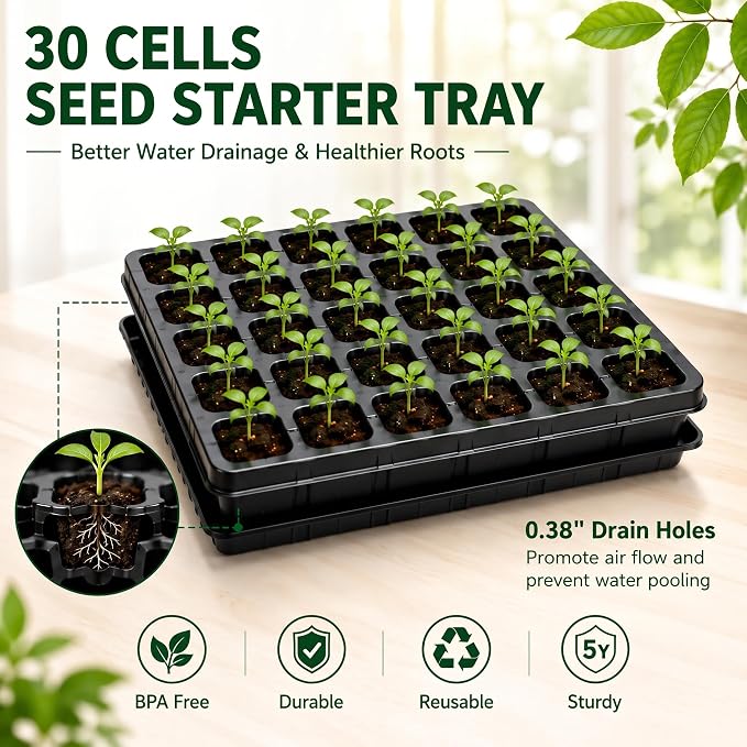 2 Sets 60 Cell Seed Starter Tray with Grow Lights and Heat Mat, Seed Starter Kit with 5.9” Humidity Dome and Vents, Indoor Plant Germination Trays, Seedling Startering Trays for Faster Germination