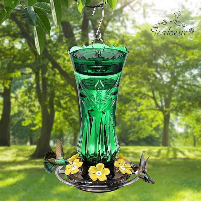 Jealoeur Hummingbird Feeder for Outdoors Hanging, 18 OZ Humming Birds Feeders with 6 Bee Guard Feeding Ports & Built-in Ant Moat, Easy to Clean, Durable Outdoor Garden Decor (Green 1 Pack)