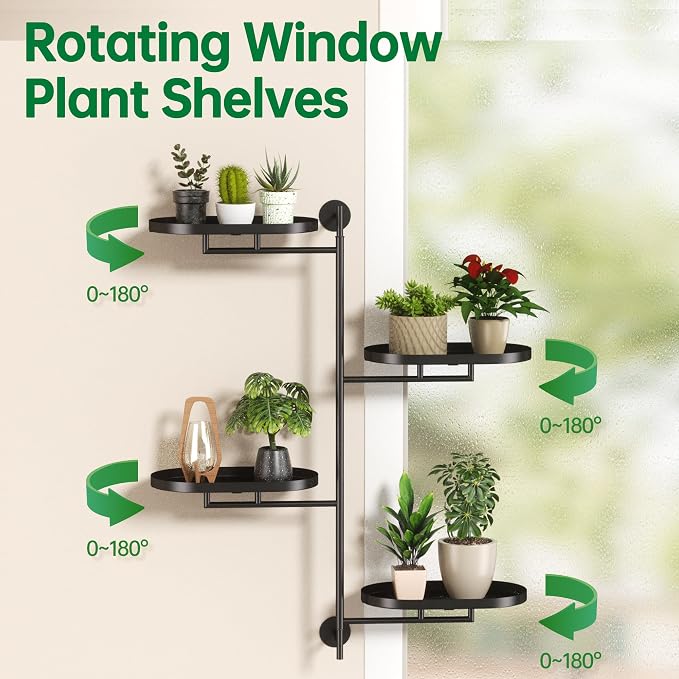Rotating Window Shelves for Multiple Plants Indoor,4-tier Metal Corner Black Plant Stand Holder Floating Hanger Shelf for Wall,Windows Sill Gifts for Planter Lover to Enhance Home Decor