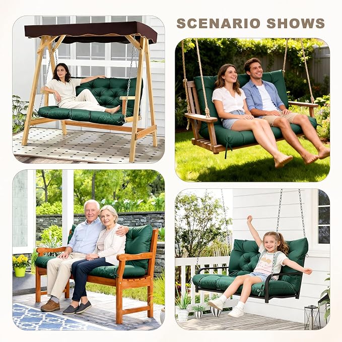 Porch Swing Cushion with Backrest,Waterproof Bench Cushion for Outdoor Furniture,2-3 Seater Replacement Thickened Swing Cushion with Ties,Patio,Outdoor,Backyard and Garden (Dark Green,47x40)