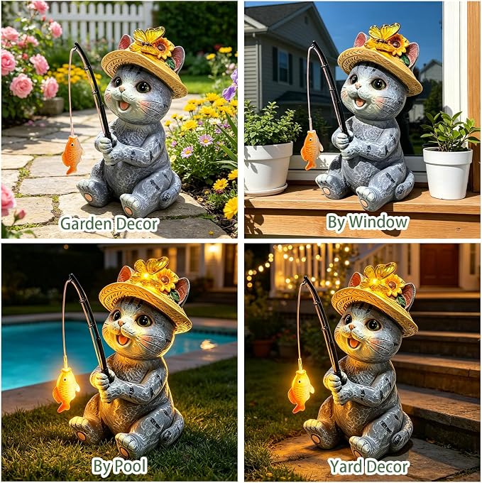Solar Garden Cat Statues, Outdoor Fishing Cat with Butterfly Solar Lights Waterproof, Birthday Gifts for Cat Lovers Mom Women, Garden Figurines for Yard Decor Patio Porch Lawn Ornaments