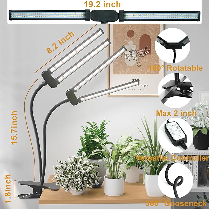 Juhefa LED Grow Light,Super Bright 6000K White Full Spectrum Clip Plant Growing Lamp with Rotatable Dual Head for Indoor Desk Plants,Dimmable & Timer 4/8/12H,High Power Output for Faster Growth,2-Head