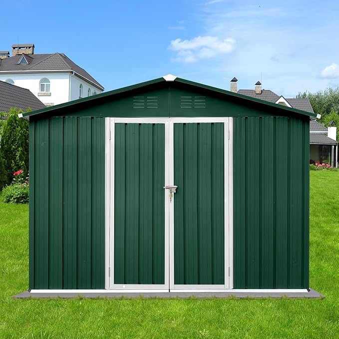 Favfurish 10x8 FT Metal Garden Sheds with Hinged Door and Padlock & Punched Vents,Aluminum Outdoor Storage Shed w/Eco-Friendly Painting,for Bike, Barbeque,Tool,Green+White