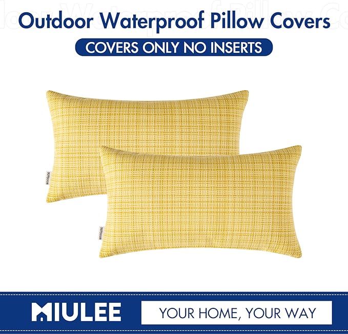 MIULEE Outdoor Waterproof Throw Pillow Covers Decorative Farmhouse Water Resistant Cushion Covers for Tent Patio Garden Couch Sofa Pack of 2, 12x20 Inch Yellow