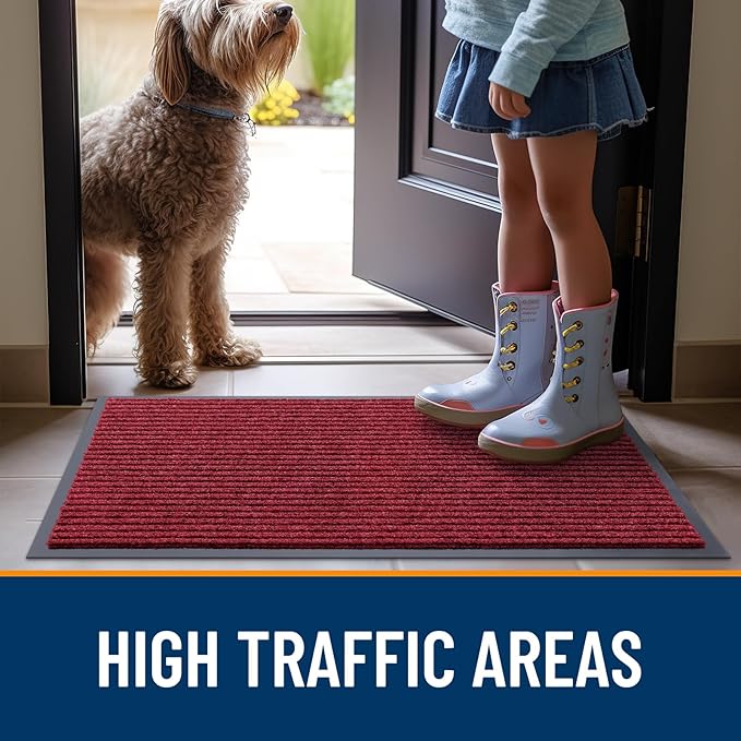 OLANLY Front Door Mat Indoor Outdoor Entrance, 2-Pack 29.5 x 17 Inch, Waterproof Heavy Duty Doormat, Fade Resistant, Low Profile, Easy Clean Patio Porch Welcome Floor Mats for Entry, Wine Red