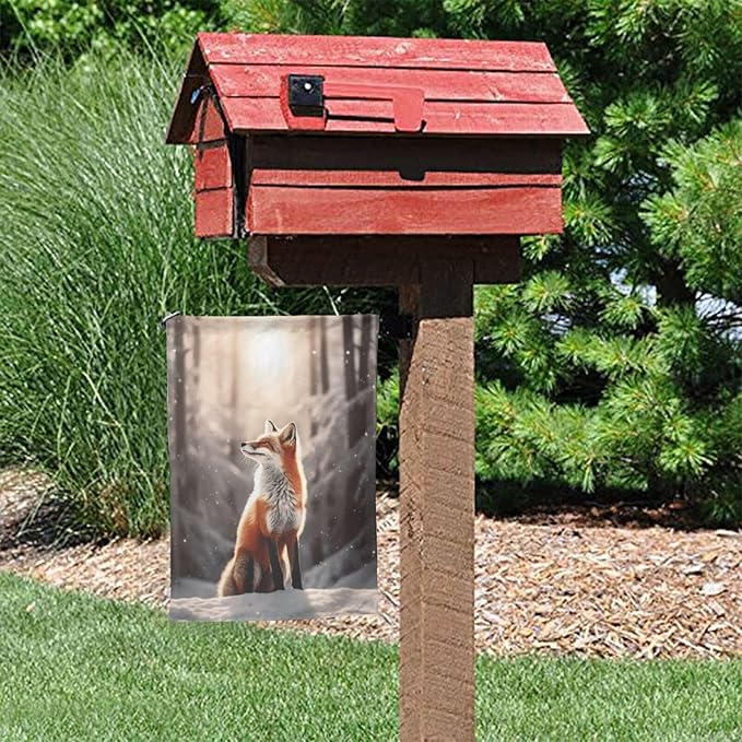 Delerain Red Fox Winter Garden Flag, 12.5 x 18 Inch Double Sided Design Weather Resistant Indoor & Outdoor Decoration Small Banner for Home Yard Lawn Patio Office