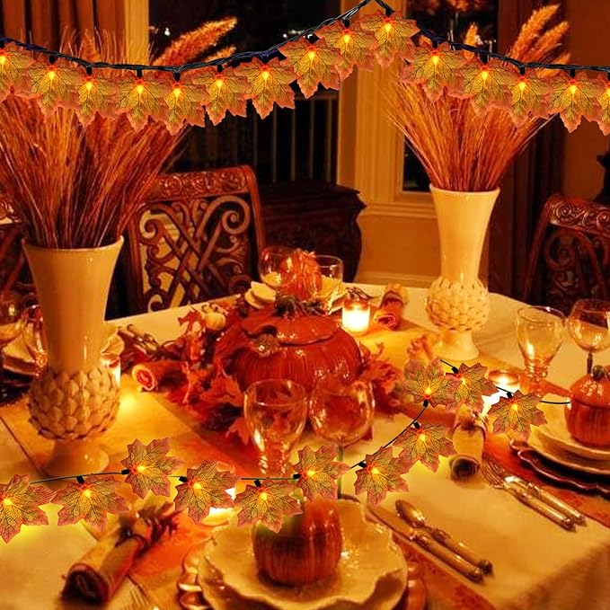 GOOTHY Fall Decor Orange Maple Leaf String Lights Plug in, 13.6Ft LED Outdoor Thanksgiving Decorations Lights with 35 Maple Leaves Light, Hanging Halloween Leaves Light for Outdoor Fall Party Window