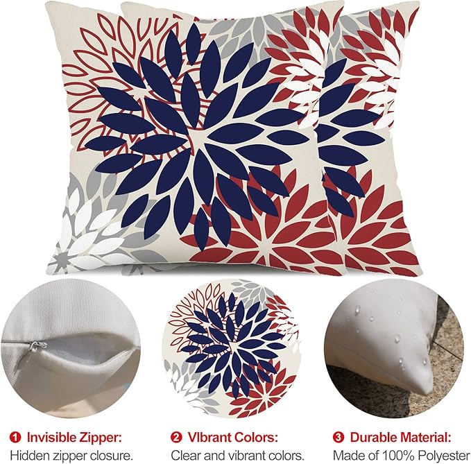 DFXSZ 4th of July Pillow Covers 20x20 Inch Set of 2 Patriotic Blue Red Floral Outdoor Waterproof Decorative Throw Pillows Polyester Pillow Covers Decor for Patio Funiture Garden Couch 002H20