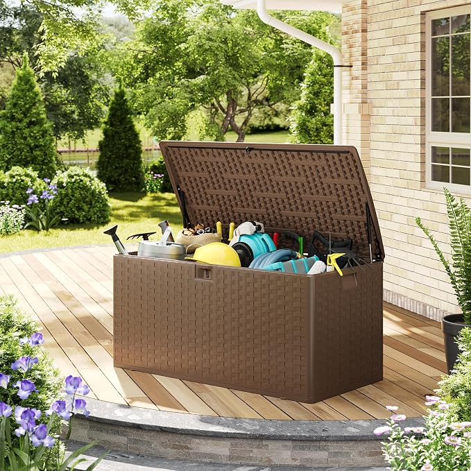 99 Gallon Outdoor Deck Box, Lockable Waterproof Outdoor Resin Box with Lid, Patio Storage Bin for Patio Furniture, Garden Tools, Pool Accessories - Brown