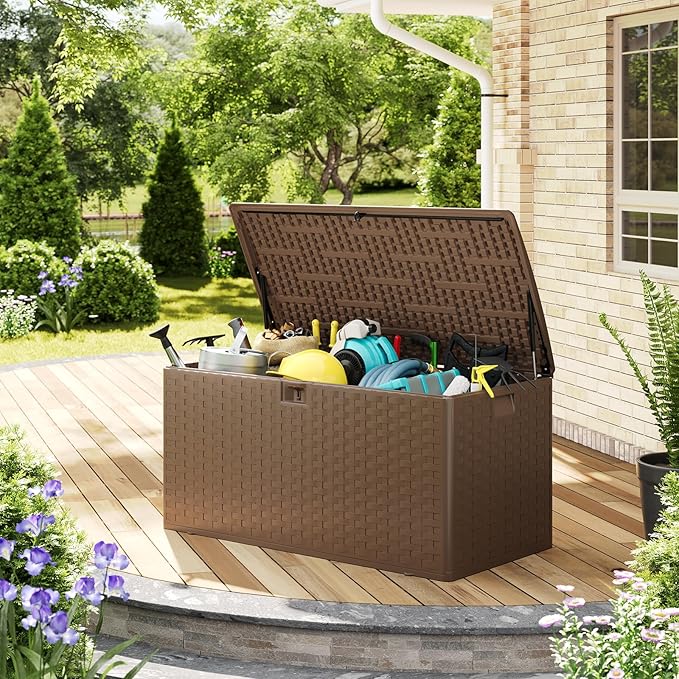 100 gal Outdoor Storage Box with Support Rod, Large Lockable Storage Container for Patio, Waterproof Storage Bin for Garden, Cushions, Tools,Brown