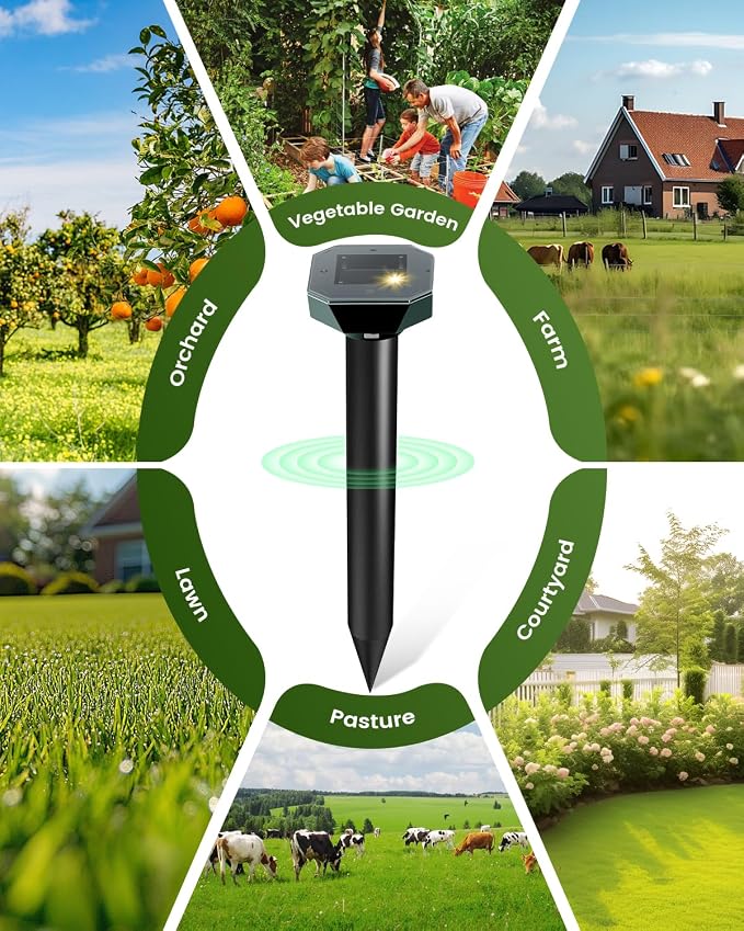 Snake & Mole & Rabbit & Skunk Repellent Solar Powered, Upgraded Ultrasonic Deterrent, IP65 Waterproof, Gopher Groundhog Chipmunk Raccoon and Vole Repellent & Deterrent for Lawn & Garden, 4 Pack