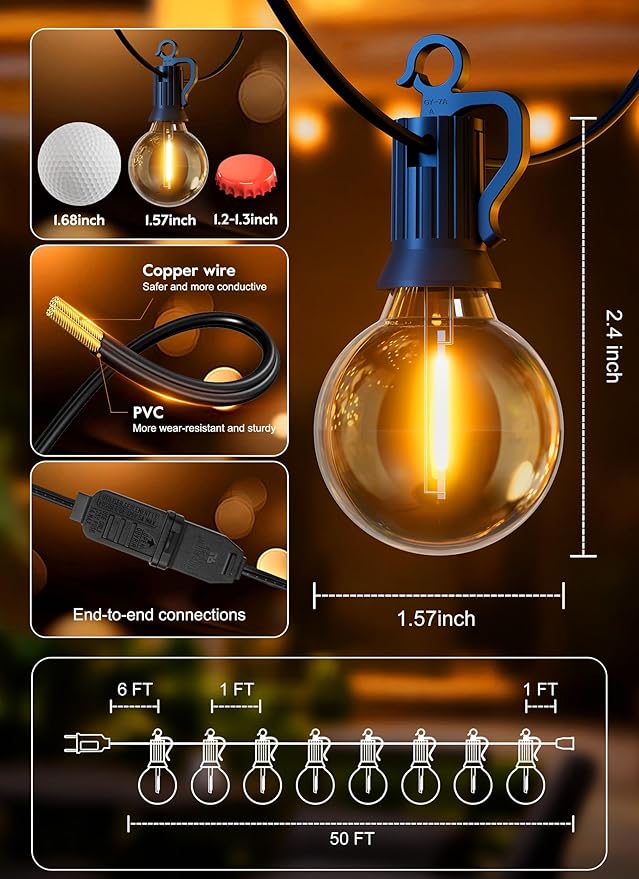 Outdoor String Patio Lights, 50FT 50 LED Patio Lights Waterproof, Connectable Shatterproof Hanging Outside String Light for Backyard, Porch, Deck, Balcony, Garden, House Decor, 2200K