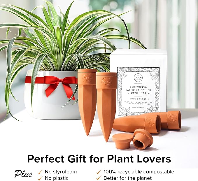 The Olla Company Plant Watering Spikes with Lids - Ideal for 8”-12” Pots - Vacation Friendly - Terracotta - Large - Set of 4