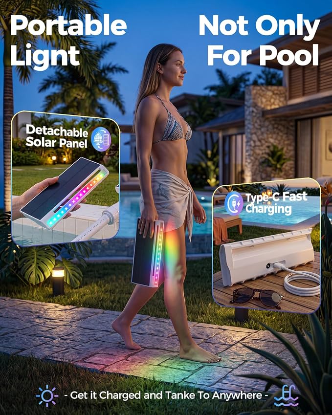 Solar Pool Fountain with Lights for Inground & Above Ground Pools — Dual-Powered Rechargeable, 10-Color Dynamic LED Waterfall, 15°F Cooling Aerator (White)