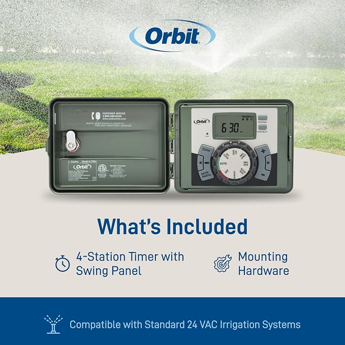 Orbit 4-Station Outdoor Swing Panel Sprinkler System Timer - for Residential Lawn Watering - Multi-Station Irrigation Controller - Custom Watering Intervals - Indoor/Outdoor Installation - 57894
