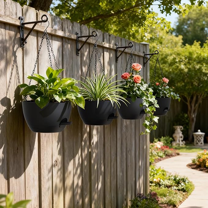 UOUZ 4 Pack 8 Inch Self Watering Hanging Planters for Indoor Outdoor Plants,Hanging Pots for Plants with Drainage Removable Tray, Hanging Baskets Flower Pots for Ivy Pothos Spider Garden Porch Black