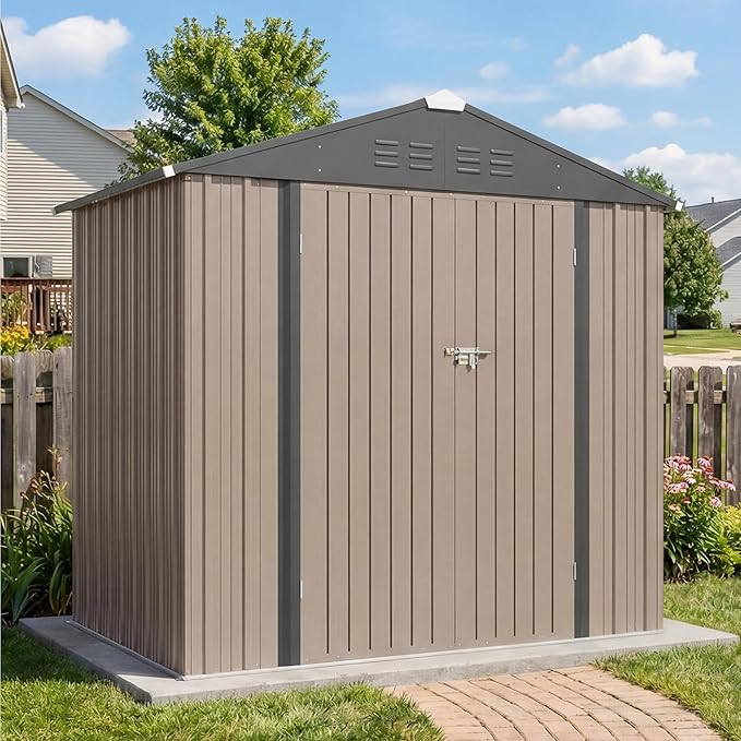 Greesum 6x4FT Outdoor Storage Shed with Base, Utility Tool Shed with Sloping Roof, Metal Storaged Garden Shed with Door & Lock for Patio Storage, Brown