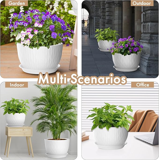 WSMKSZ 12 Inch Large Plant Pots for Indoor or Outdoor Plants, Wide Water Ripples Flower Pots with Drainage Holes & Saucer, Plastic Planters Set for Garden & Home Decor (White)