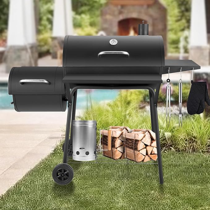 Kendane Barrel Charcoal Grill with offset smoker, 714 Square Inches Cooking Area, Outdoor BBQ Grill with Front and Side Shelf, Perfect for Backyard, Patio Parties and Picnics