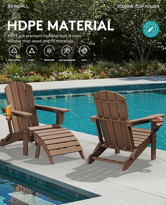 SERWALL Folding Adirondack Chair with Dual Cup Holder,1 Pack-Classic,Brown