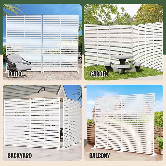 Outdoor Privacy Screen Panel 72" Freestanding Privacy Fence with Stand, HDPE Decorative Privacy Screens with Louvered 6 Panels, Weather-Resistant Panel Fence for Patio, Balcony,Pool, White