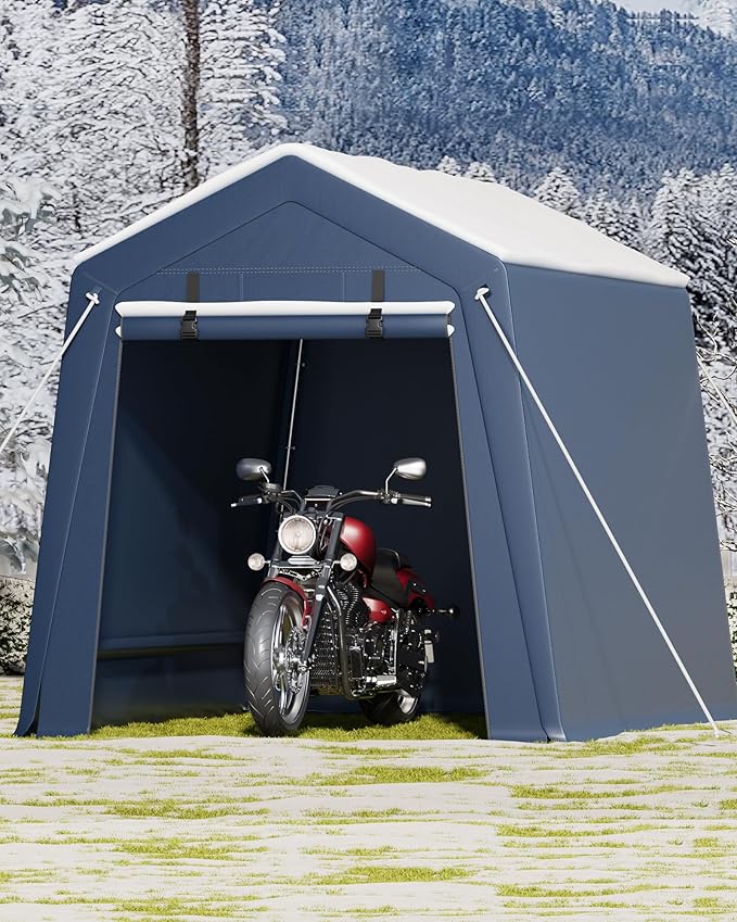 6 X 8 FT Portable Shed, Motorcycle Tent with Roll-Up Ventilated Zipper Door & Windows, Heavy Duty Portable Carport with Waterproof Tarp for Motorcycle, Bike, Firewood, and Garden Tools