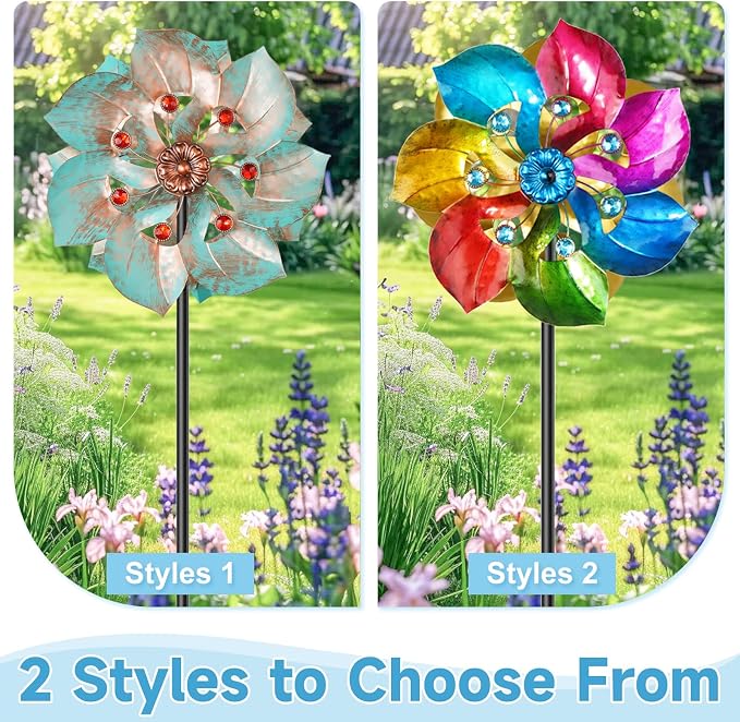 Double Sided Wind Spinner Outdoor Metal Wind Sculpture with Adjustable Height Pole & 5 Prong Base, Rainbow Floral Kinetic Wind Art Decor for Yard Garden Lawn Patio Outside Decoration