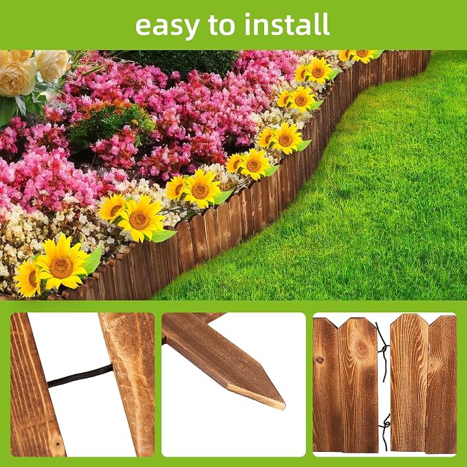 LINSHRY Wood Garden Fence, 8in (H) x 4ft (L) Wood Garden Edging Decorative Landscape Edging Border, Outdoor Fence for Yard Tree Flower Bed Edging Borders(Brown)