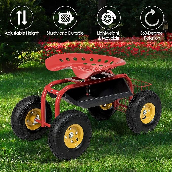 IRONMAX Garden Cart with Seat, Heavy Duty Gardening Work Stools w/Height Adjustable Seat & 10’’ Large Wheels, Rolling Garden Scooter for Outdoor Lawn Yard Planting (Red)