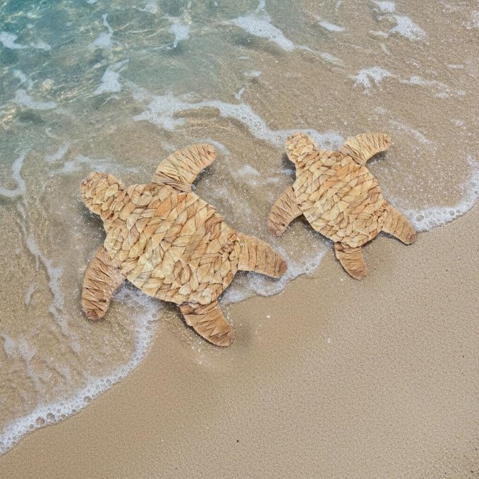 Threehoney 2 Pcs Sea Turtle Beach Theme Decor 2 Size Handmade Wicker Turtle Wall Decor Sea Life Hanging Wall Art Coastal Nautical Sculpture Table Decoration for Boho Bathroom Indoor Outdoor Ornament