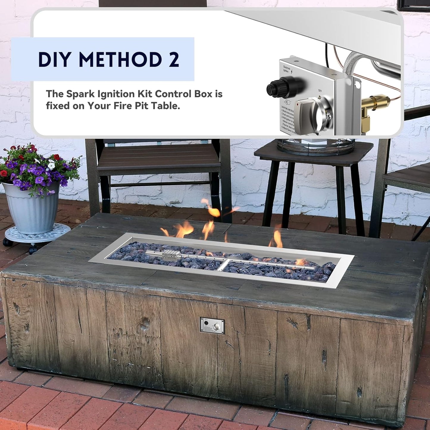 Skyflame Stainless Steel 24" Rectangle Fire Pit Drop-in Burner Kit with Extinguishing Protection Device, Flame Sensing, Electronic Spark Ignition, Gas Hose Connector for Propane