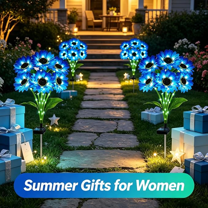 Solar Garden Lights Outdoor, 6 Pack Blue Sunflower Lights with 36 Sunflower, Waterproof 60 Led Garden Fall Decor, Gifts for Mom Grandma, Decorative Solar Flowers for Pathway Patio Yard Decoration