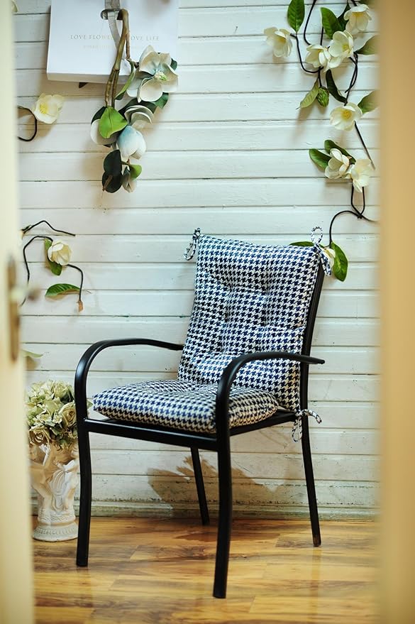 Outdoor Patio Cushion, Rocking Chair Cushion, Tufted Pads, Set of Upper and Lower with Ties Pack of 2 (2 Sets) - Back 20"×17", Seat 17"×17" (Blue Houndstooth)