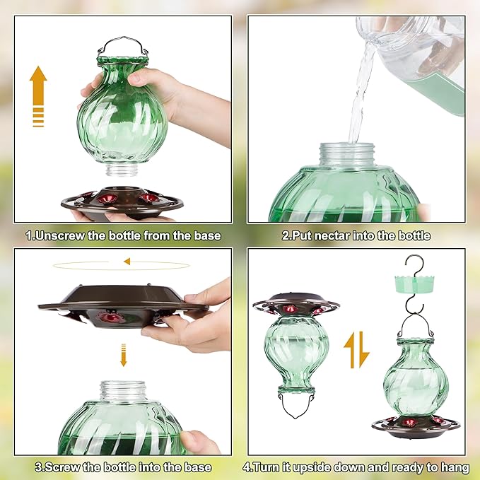 Auslar 26 Ounces Hummingbird Feeder, Hummingbird Feeders for Outdoors Hanging, Ant Moat and 5 Flower Feeding Ports, Fade Proof, Rustproof, Leakproof, Netted Flower Bud Shape Bottle, Green