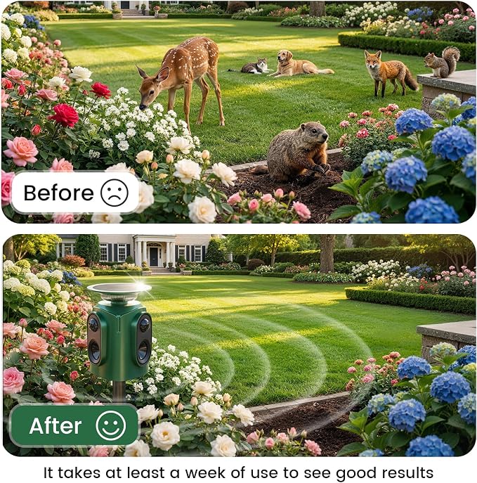 360° Solar Ultrasonic Animal Repellent Outdoor, 2 Pack Deer Repellent Devices with Motion Sensor, IP65 Waterproof Cat Deterrent for Yard, Effective Repel Squirrel, Rabbit, Dog - Green