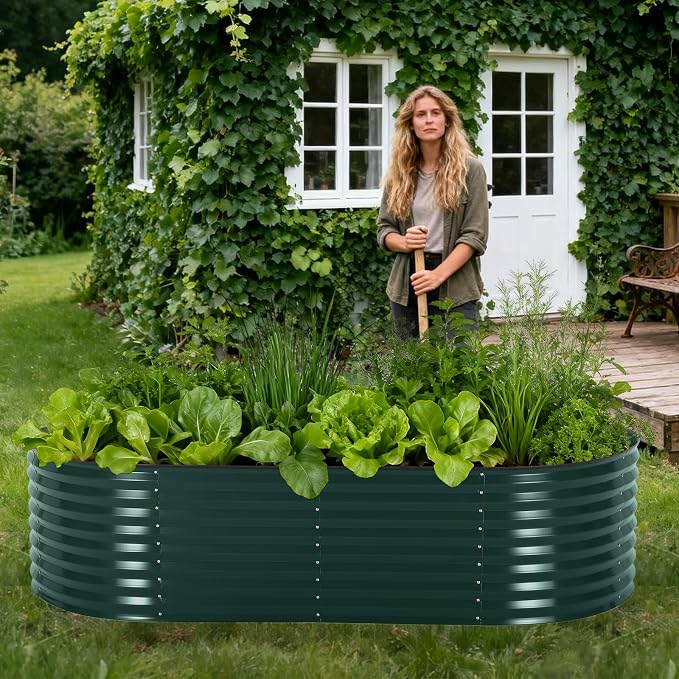 Garvee Galvanized Raised Garden Bed Large Oval Kit with Cover Zippered Screen Doors, Open Base Design, Thick Steel, Easy Assembly, Planter Box for Vegetables, Flowers (Dark Green, 8x4x2 ft)