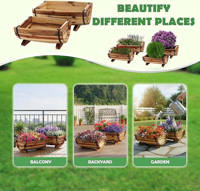Solid Acacia Wood Half Barrel Planters Outdoor Set of 2 Different Sizes, Wooden Planters for Outdoor Plants with Metal Bands & Drainage Holes, Legs Included, Natural