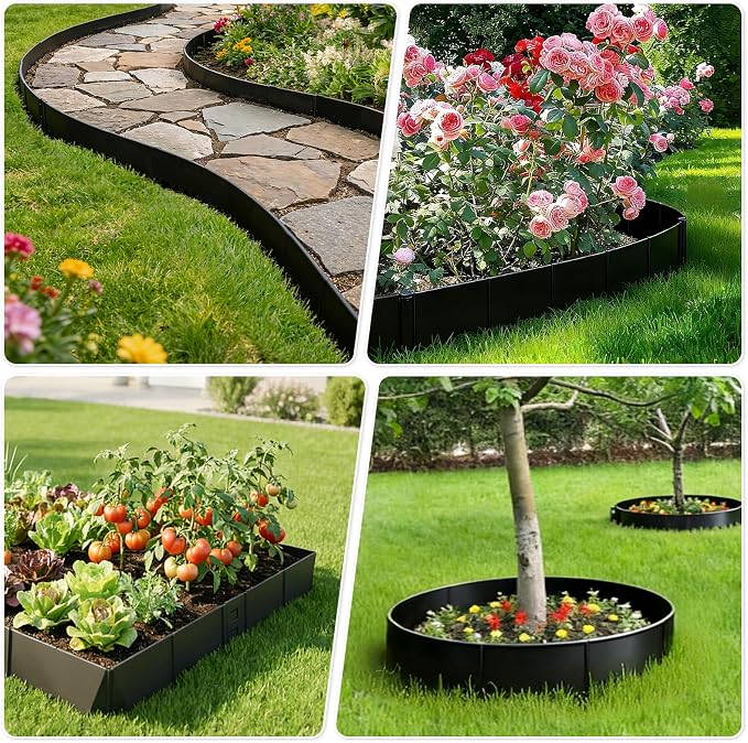 Hlogree 6 Pack Metal Landscape Edging, Garden Edging, Garden Border with 6 Pcs Anchor Stakes, No-Dig Hammer-in Heavy Duty Metal Edging Border for Flower Bed, Yard & Pathway (Black, 8inch)